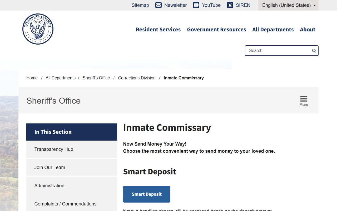 Tompkins County Jail commissary and inmate funds source page